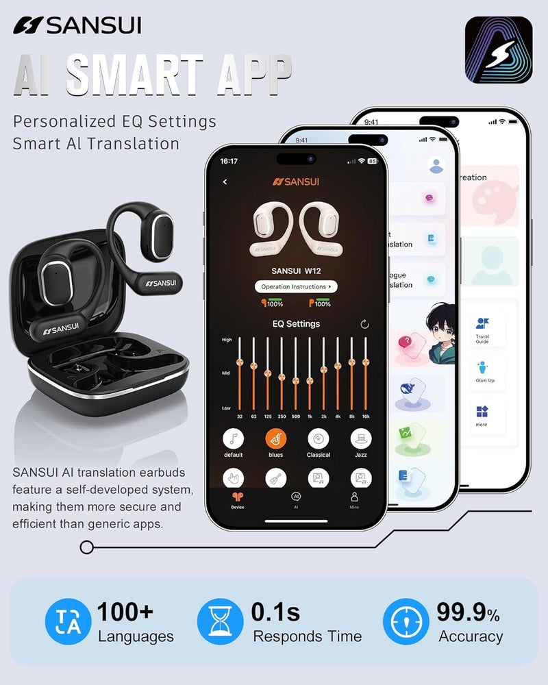 Sansui AI Translation Earbuds Real Time,6-in-1 Bluetooth 6.0 Language Translator Earbuds,Audifonos Traductores Inglés Español,Translate Ear Buds with 42H Playtime for Travel,Business and Learning - Image 3